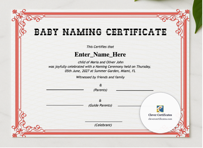 Oklahoma Baby Naming Certificate presented in a sleek wooden frame, elegantly arranged on a stylish table.
