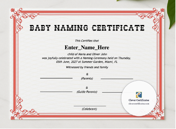 Oklahoma Baby Naming Certificate presented in a sleek wooden frame, elegantly arranged on a stylish table.
