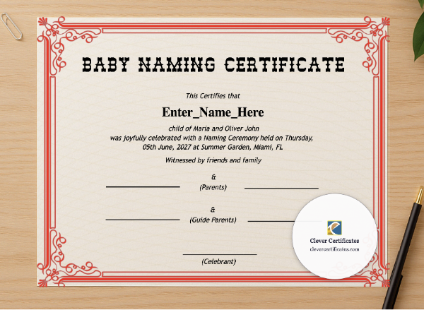 Professional preview of Oklahoma Baby Naming Certificate certificate on high-quality stationery paper, ideal for showcasing the final look.
