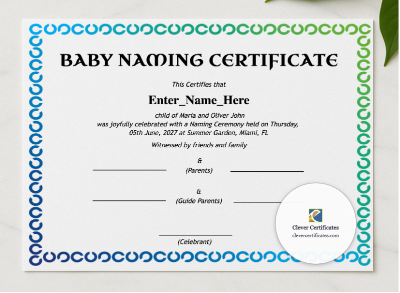 Connecticut Baby Naming Certificate presented in a sleek wooden frame, elegantly arranged on a stylish table.
