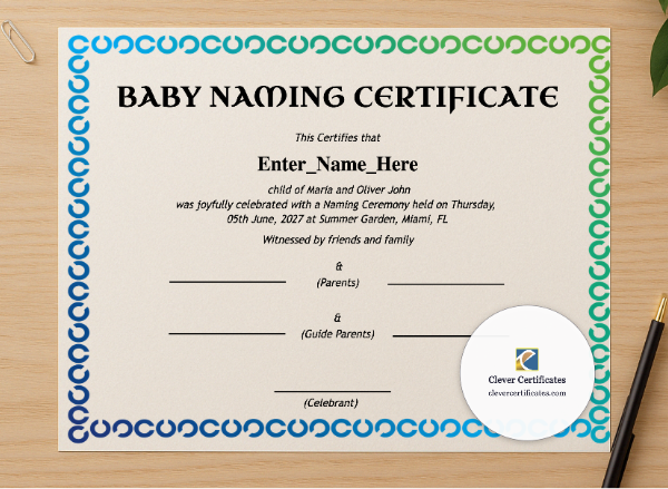 Professional preview of Connecticut Baby Naming Certificate certificate on high-quality stationery paper, ideal for showcasing the final look.
