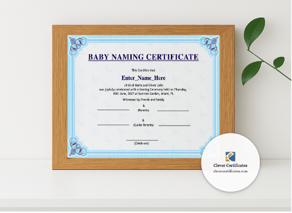 Realistic mockup featuring Utah Baby Naming Certificate displayed within a modern frame, set against a minimalistic background.