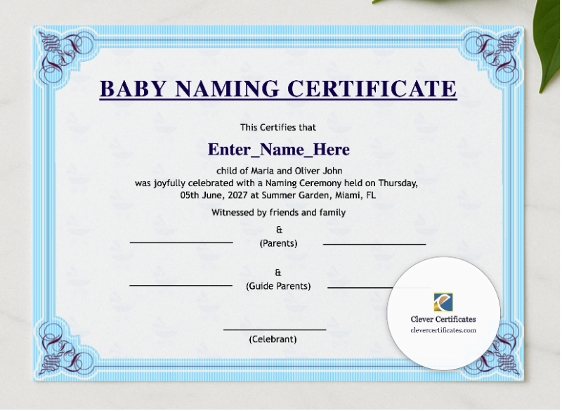 Utah Baby Naming Certificate presented in a sleek wooden frame, elegantly arranged on a stylish table.