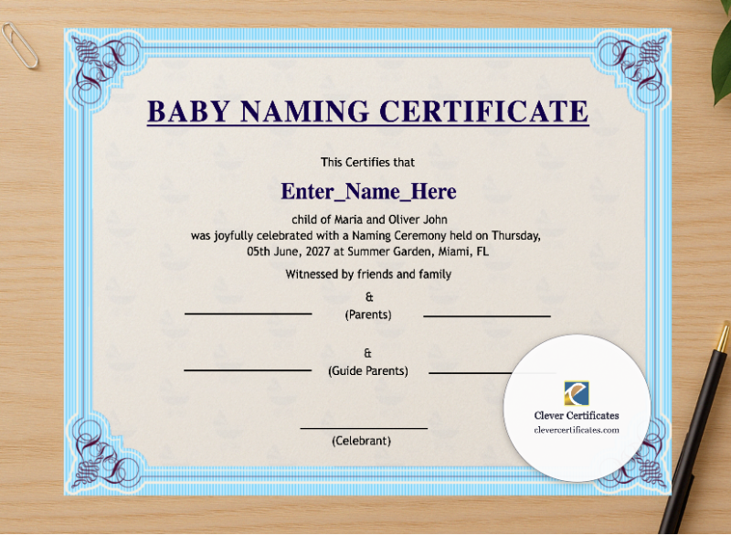 Professional preview of Utah Baby Naming Certificate certificate on high-quality stationery paper, ideal for showcasing the final look.