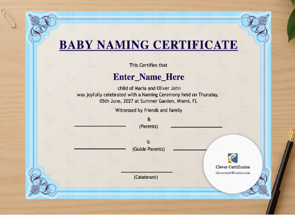 Professional preview of Utah Baby Naming Certificate certificate on high-quality stationery paper, ideal for showcasing the final look.