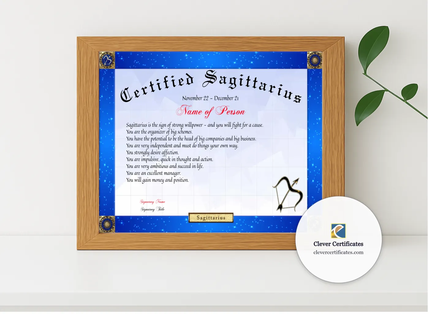 Realistic mockup featuring Certified Sagittarius Award displayed within a modern frame, set against a minimalistic background.