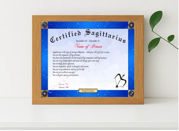 Realistic mockup featuring Certified Sagittarius Award displayed within a modern frame, set against a minimalistic background.