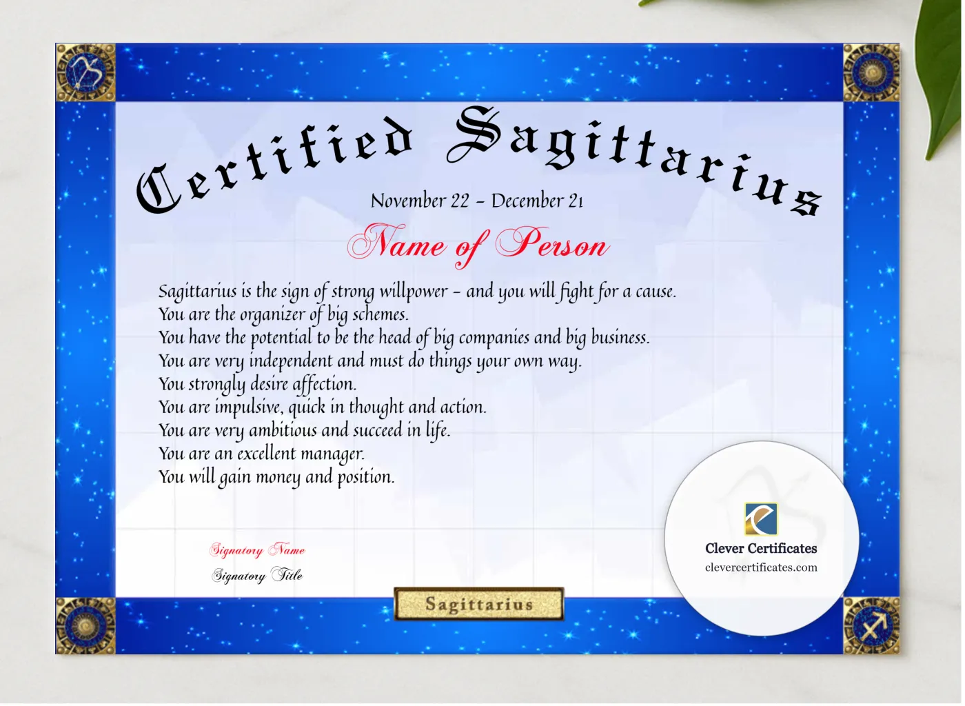 Certified Sagittarius Award presented in a sleek wooden frame, elegantly arranged on a stylish table.