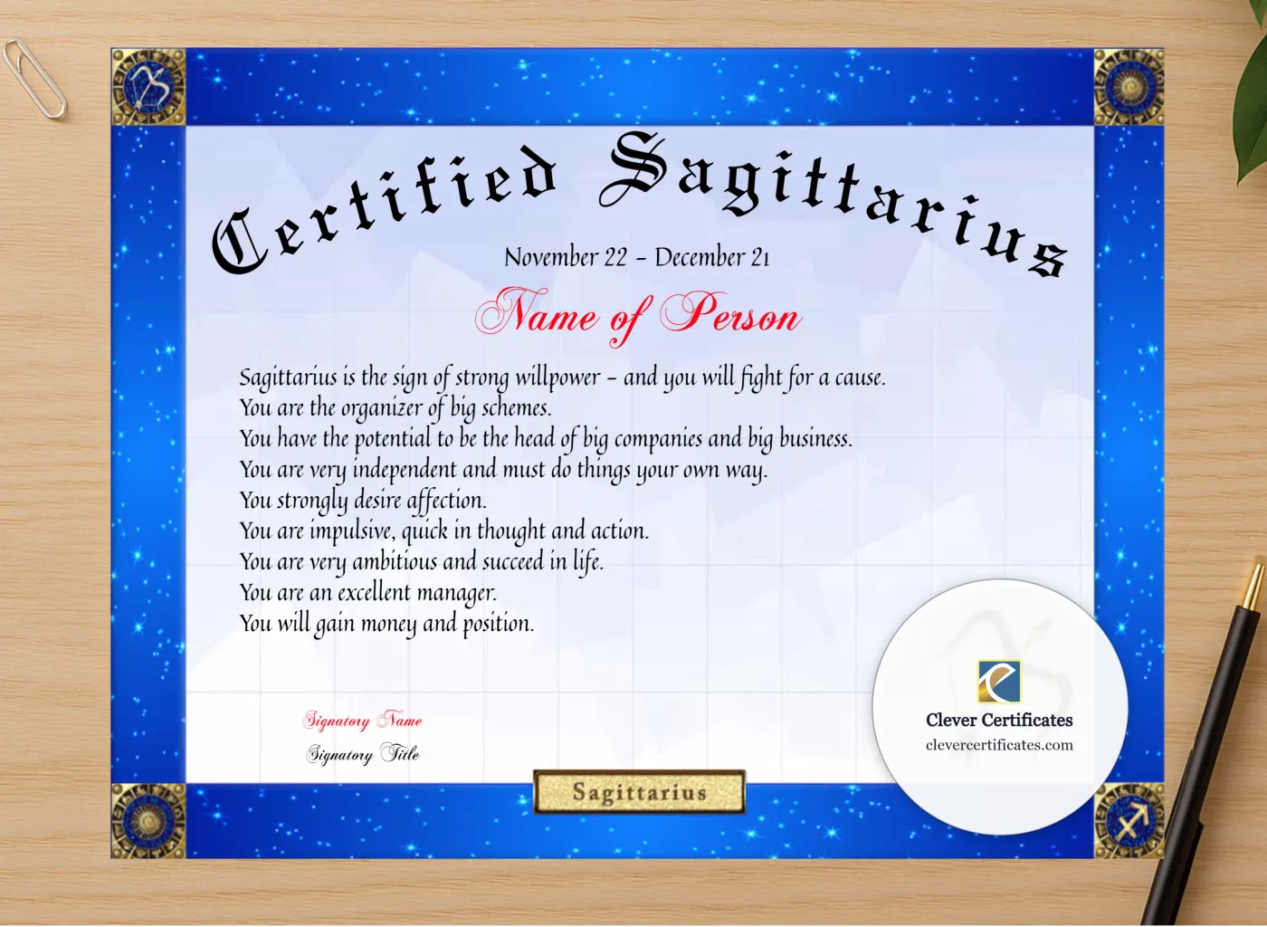 Professional preview of Certified Sagittarius Award certificate on high-quality stationery paper, ideal for showcasing the final look.