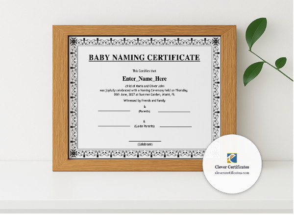 Realistic mockup featuring Iowa Baby Naming Certificate displayed within a modern frame, set against a minimalistic background.