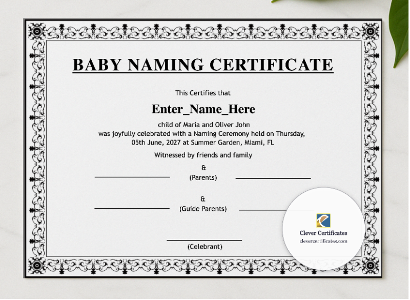Iowa Baby Naming Certificate presented in a sleek wooden frame, elegantly arranged on a stylish table.