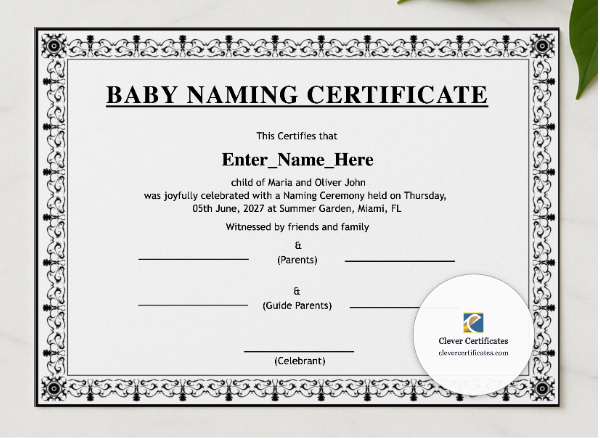 Iowa Baby Naming Certificate presented in a sleek wooden frame, elegantly arranged on a stylish table.