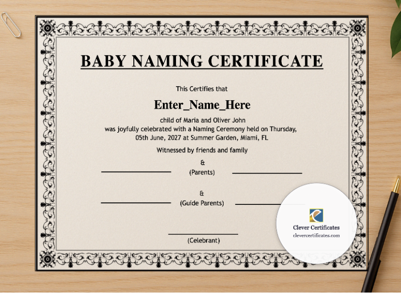 Professional preview of Iowa Baby Naming Certificate certificate on high-quality stationery paper, ideal for showcasing the final look.