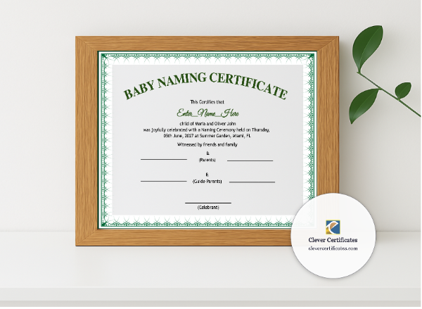 Realistic mockup featuring Nevada Baby Naming Certificate displayed within a modern frame, set against a minimalistic background.