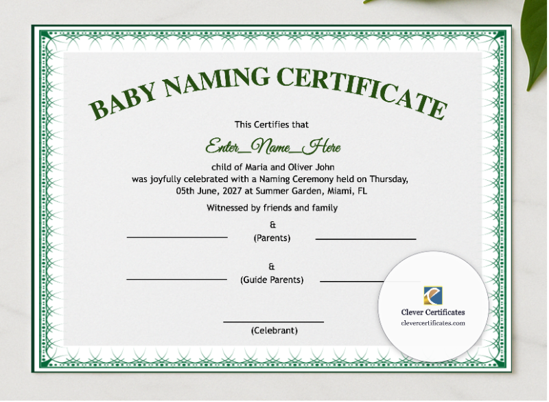 Nevada Baby Naming Certificate presented in a sleek wooden frame, elegantly arranged on a stylish table.