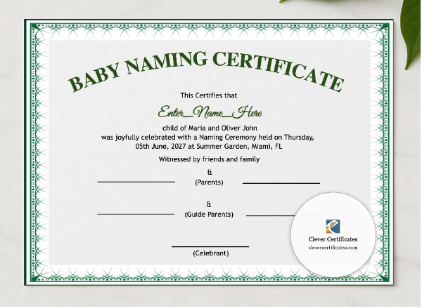 Nevada Baby Naming Certificate presented in a sleek wooden frame, elegantly arranged on a stylish table.