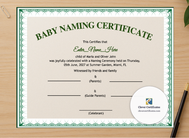 Professional preview of Nevada Baby Naming Certificate certificate on high-quality stationery paper, ideal for showcasing the final look.