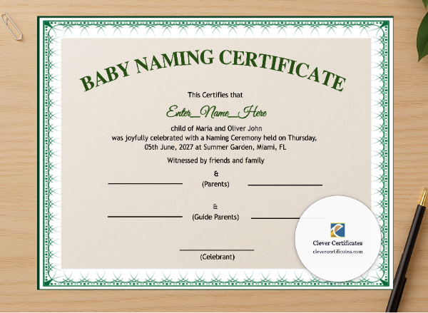 Professional preview of Nevada Baby Naming Certificate certificate on high-quality stationery paper, ideal for showcasing the final look.
