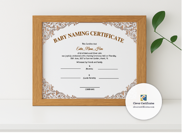 Realistic mockup featuring Arkansas Baby Naming Certificate displayed within a modern frame, set against a minimalistic background.