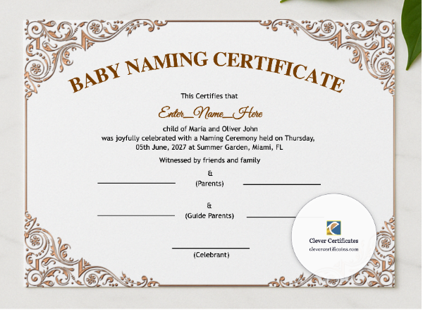 Arkansas Baby Naming Certificate presented in a sleek wooden frame, elegantly arranged on a stylish table.