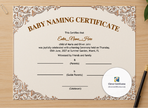 Professional preview of Arkansas Baby Naming Certificate certificate on high-quality stationery paper, ideal for showcasing the final look.