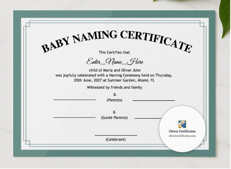Mississippi Baby Naming Certificate presented in a sleek wooden frame, elegantly arranged on a stylish table.