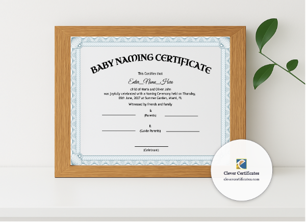 Realistic mockup featuring Kansas Baby Naming Certificate displayed within a modern frame, set against a minimalistic background.