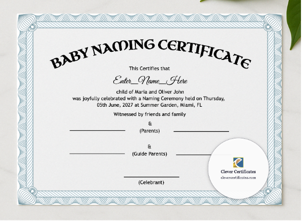 Kansas Baby Naming Certificate presented in a sleek wooden frame, elegantly arranged on a stylish table.