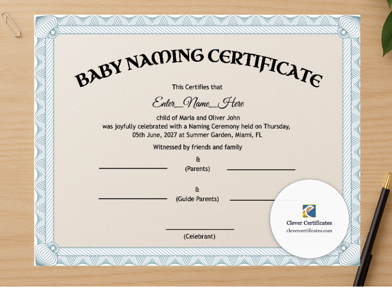 Professional preview of Kansas Baby Naming Certificate certificate on high-quality stationery paper, ideal for showcasing the final look.