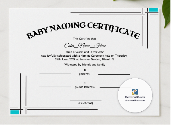 New Mexico Baby Naming Certificate presented in a sleek wooden frame, elegantly arranged on a stylish table.