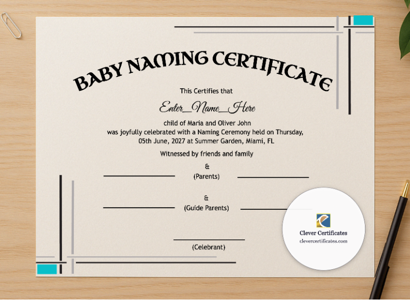 Professional preview of New Mexico Baby Naming Certificate certificate on high-quality stationery paper, ideal for showcasing the final look.