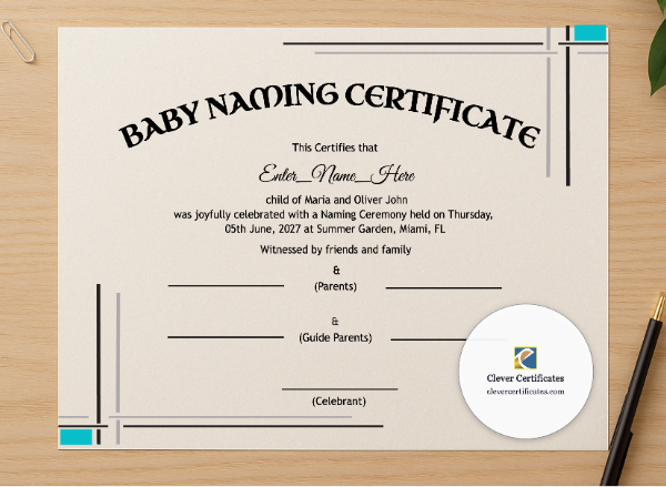 Professional preview of New Mexico Baby Naming Certificate certificate on high-quality stationery paper, ideal for showcasing the final look.