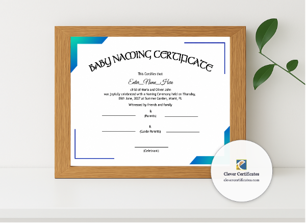 Realistic mockup featuring Nebraska Baby Naming Certificate displayed within a modern frame, set against a minimalistic background.