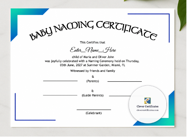 Nebraska Baby Naming Certificate presented in a sleek wooden frame, elegantly arranged on a stylish table.