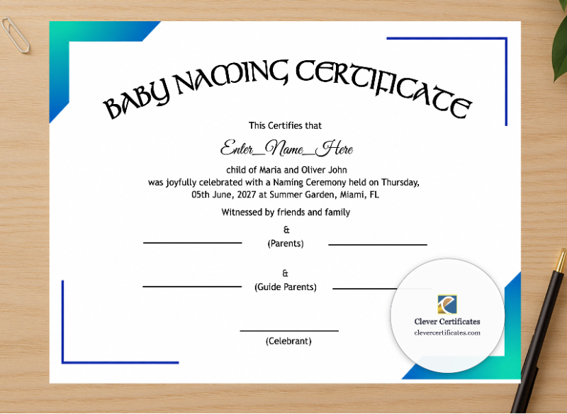 Professional preview of Nebraska Baby Naming Certificate certificate on high-quality stationery paper, ideal for showcasing the final look.