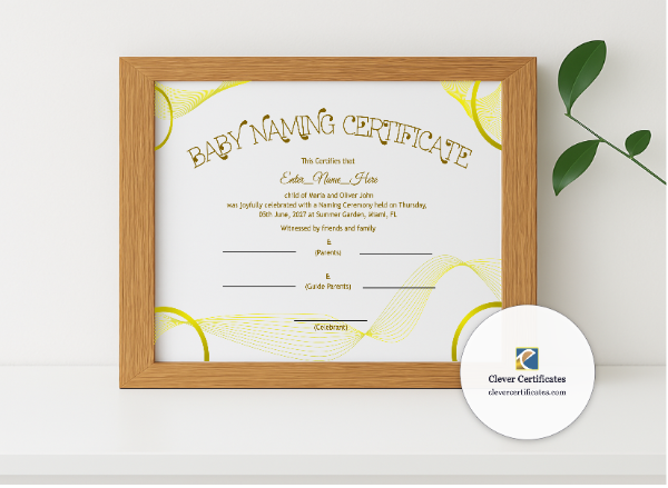 Realistic mockup featuring West Virginia Baby Naming Certificate  displayed within a modern frame, set against a minimalistic background.