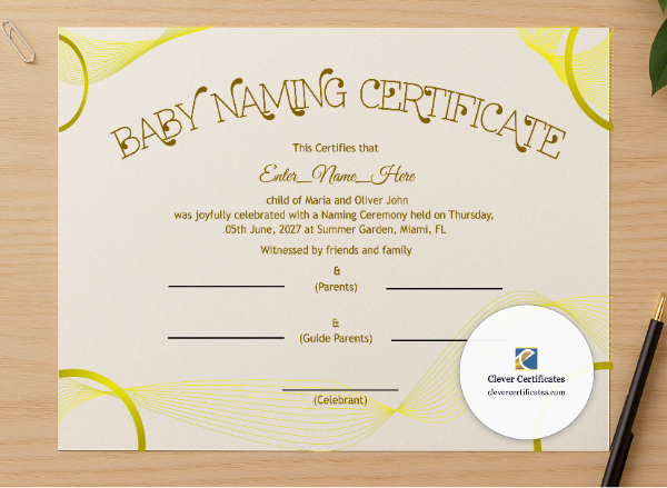 Professional preview of West Virginia Baby Naming Certificate  certificate on high-quality stationery paper, ideal for showcasing the final look.