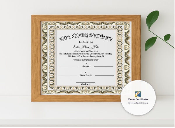 Realistic mockup featuring Idaho Baby Naming Certificate displayed within a modern frame, set against a minimalistic background.