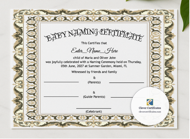 Idaho Baby Naming Certificate presented in a sleek wooden frame, elegantly arranged on a stylish table.