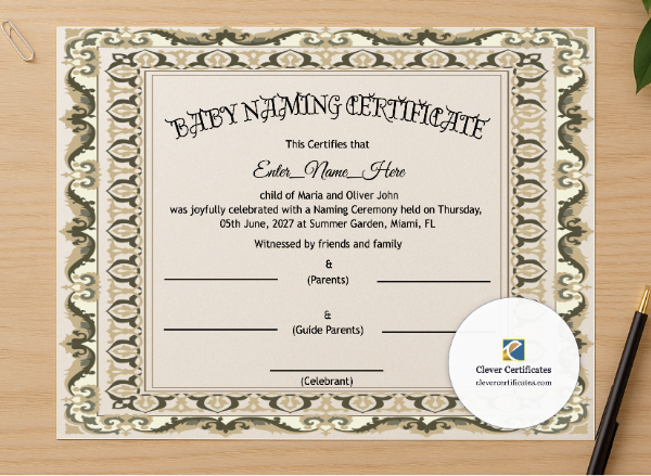 Professional preview of Idaho Baby Naming Certificate certificate on high-quality stationery paper, ideal for showcasing the final look.