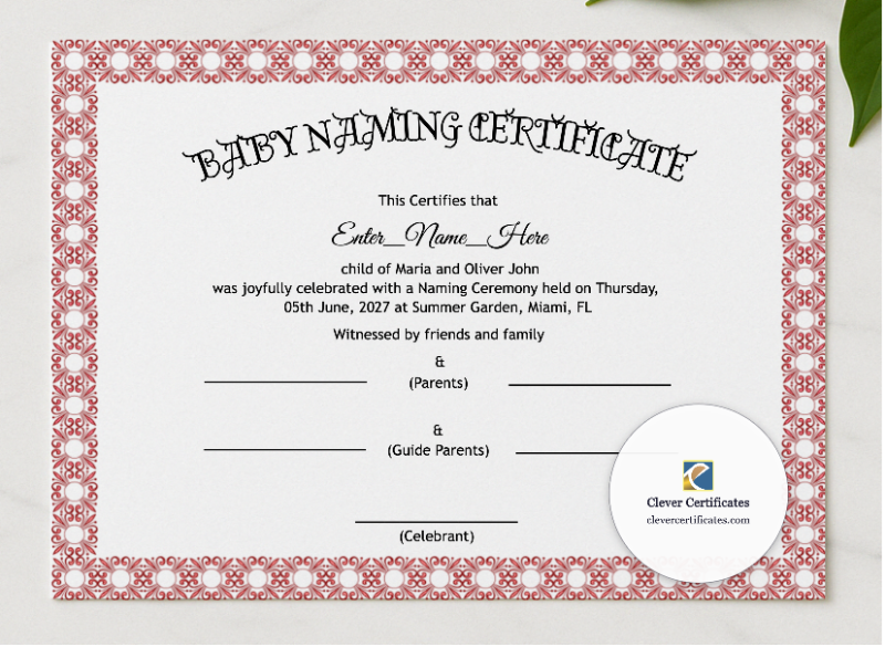 Hawaii Baby Naming Certificate presented in a sleek wooden frame, elegantly arranged on a stylish table.