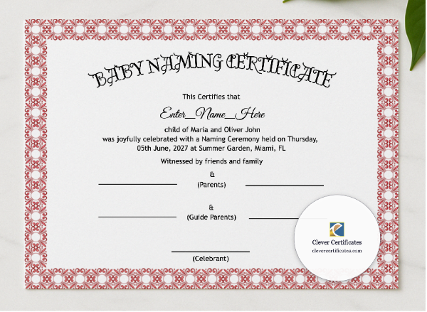 Hawaii Baby Naming Certificate presented in a sleek wooden frame, elegantly arranged on a stylish table.