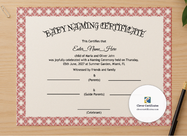 Professional preview of Hawaii Baby Naming Certificate certificate on high-quality stationery paper, ideal for showcasing the final look.