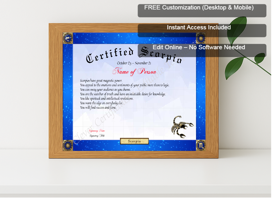 Premium mockup with Free Editor badge stack for Certified Scorpio Award