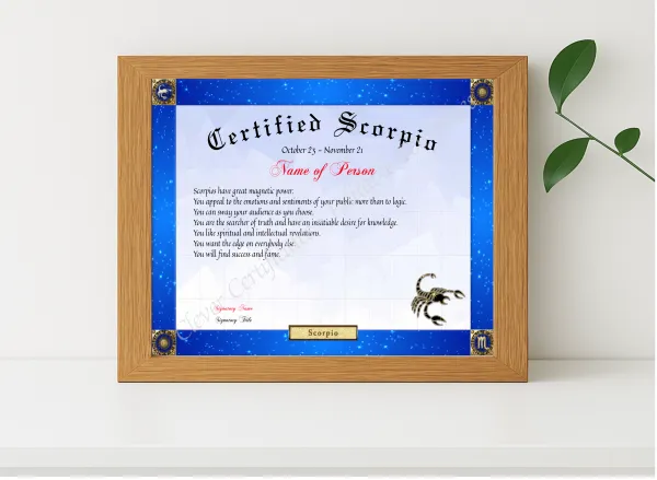 Realistic mockup featuring Certified Scorpio Award displayed within a modern frame, set against a minimalistic background.