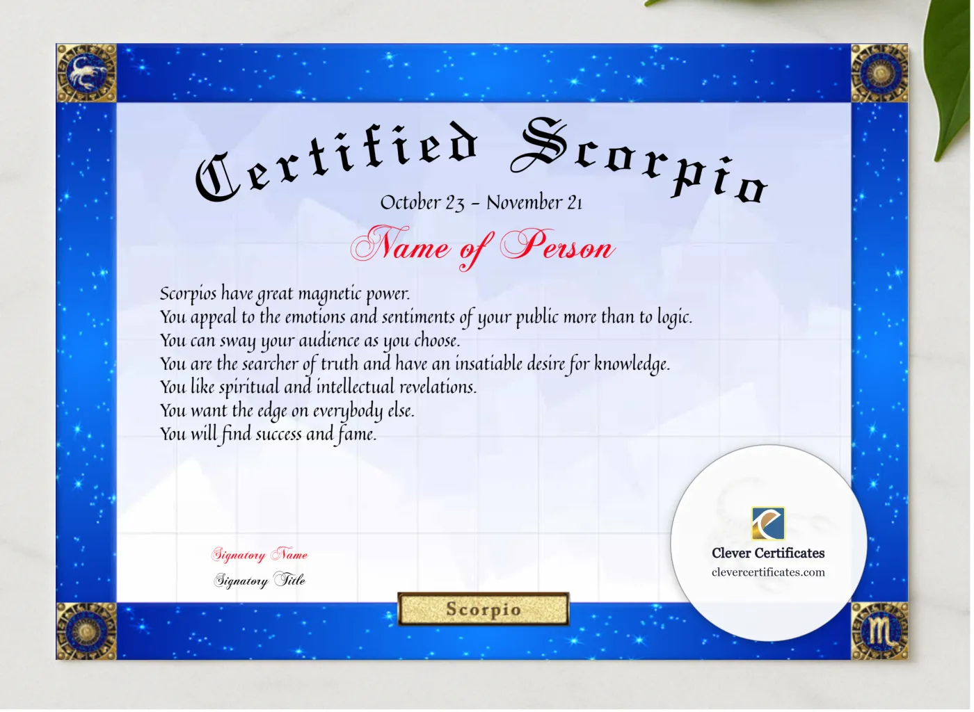 Certified Scorpio Award presented in a sleek wooden frame, elegantly arranged on a stylish table.