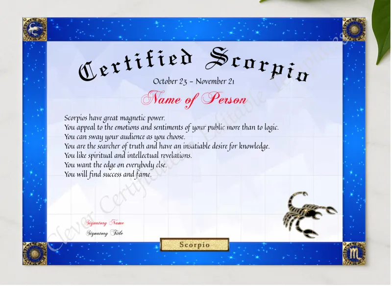 Certified Scorpio Award presented in a sleek wooden frame, elegantly arranged on a stylish table.
