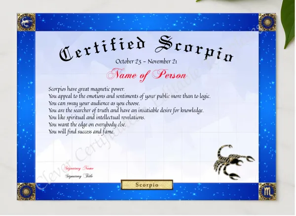 Certified Scorpio Award presented in a sleek wooden frame, elegantly arranged on a stylish table.