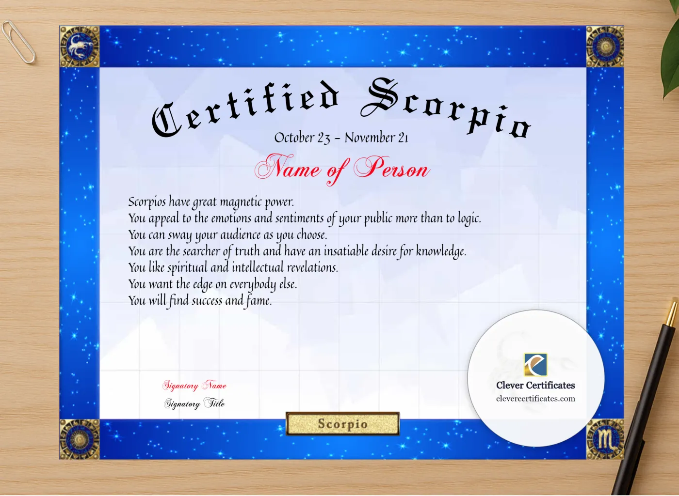Professional preview of Certified Scorpio Award certificate on high-quality stationery paper, ideal for showcasing the final look.