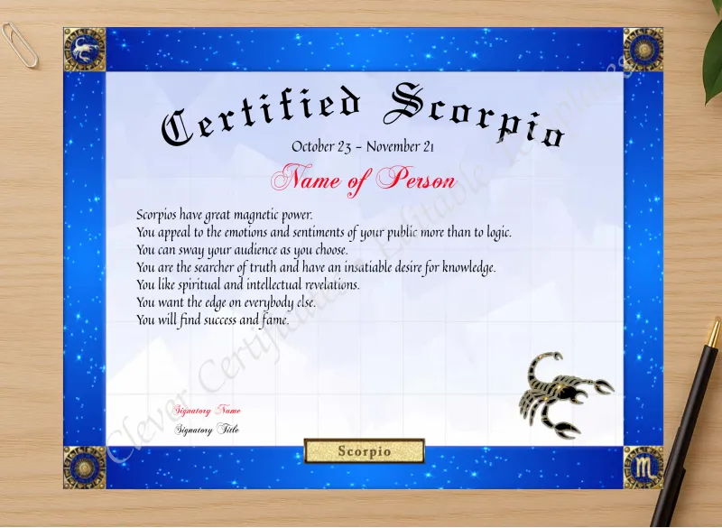 Professional preview of Certified Scorpio Award certificate on high-quality stationery paper, ideal for showcasing the final look.